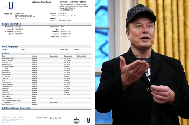 L: Screenshot from Musk&#39;s X showing the apparent negative drug test. R: Tesla and SpaceX CEO Elon Musk delivers remarks in the Oval Office at the White House on February 11, 2025 in Washington, DC.