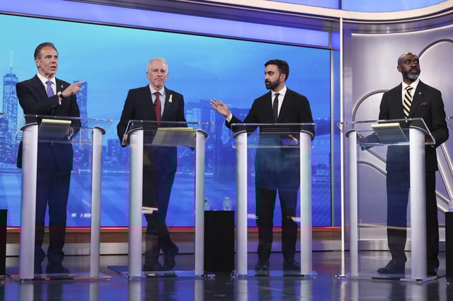 Democratic mayoral candidates Andrew Cuomo, far left, and Zohran Mamdani, second from right, present arguments as Whitney Tilson, second from left, and Michael Blake look on during a Democratic mayoral primary debate, Wednesday, June 4, 2025, in New York.