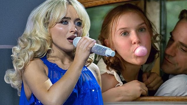 Sabrina Carpenter performing at the London O2 Arena in 2025, and Jeremy Irons as Humbert Humbert and Dominique Swain as Lolita in the 1997 movie Lolita