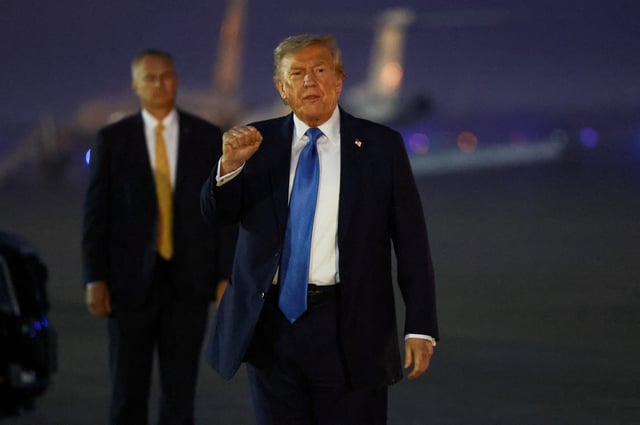 U.S. President Donald Trump gestures after returning early from the G7 Leaders' Summit in Canada, at Joint Base Andrews, Maryland, U.S., June 17, 2025. REUTERS/Kevin Lamarque  TPX IMAGES OF THE DAY