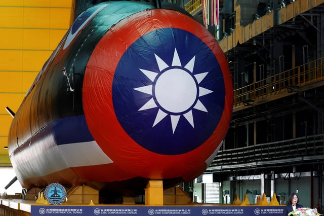 Taiwan's President Tsai Ing-wen speaks during the launching ceremony of Narwhal, its first domestically built submarine, in Kaohsiung, Taiwan September 28, 2023. REUTERS/Carlos Garcia Rawlins/ File Photo