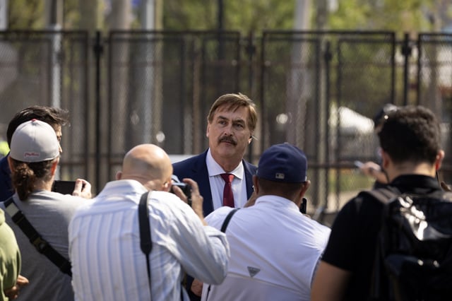 MyPillow founder Mike Lindell pictured visiting a designated protest area near the Democratic National Convention (DNC) on August 20, 2024, in Chicago, Illinois.