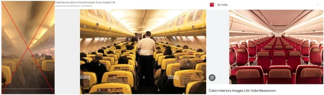 Comparaison entre les sièges de la vidéo virale (à gauche, capture d'écran), d'une cabine d’avion Ryanair (au centre, photo Alamy) 
et d'une cabine d'avion Air India (à droite, capture d'écran de recherche internet)