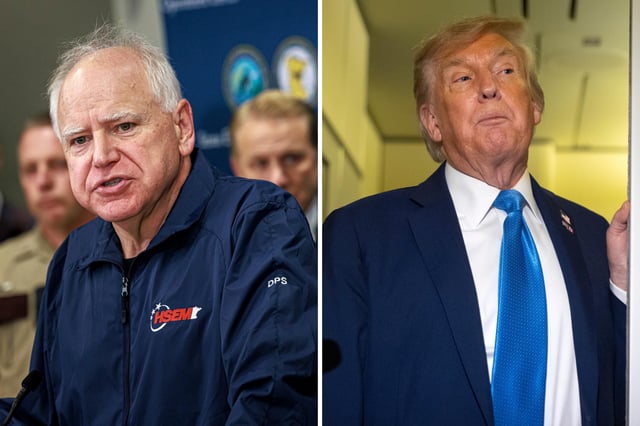(L) Minnesota Gov. Tim Walz speaks during a press conference at the State Emergency Operations Center on Sunday, June 15, 2025, in Blaine, Minn., following the arrest of Vance Luther Boelter in Sibley County. (R) President Donald Trump speaks with reporters while flying aboard Air Force One en route from Calgary, Canada to Joint Base Andrews, Md., late Monday, June 16, 2025.