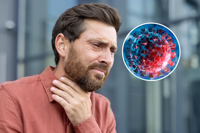 Stock image of a man holding his painful throat, and inset, illustration of a COVID-19 mutation.
