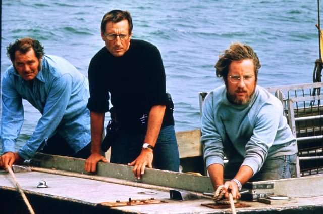 Robert Shaw (from left), Roy Scheider and Richard Dreyfuss track a great white shark in 1975's "Jaws."