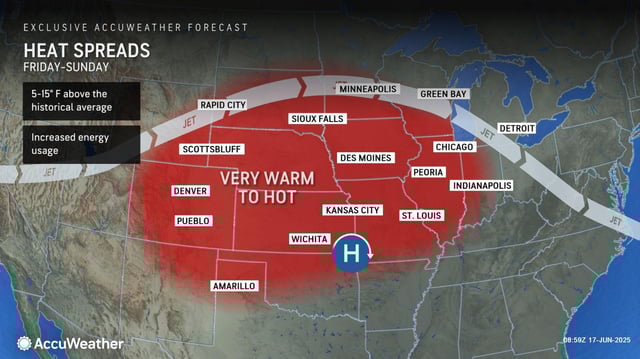 A map from AccuWeather shows where the worst of the heat will hit the U.S. between June 20 and June 22.