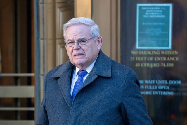 Former Senator Bob Menendez exits after being sentenced to 11 years in prison for federal charges related to a bribery scheme at the Daniel Patrick Moynihan United States Court House on Wednesday, Jan. 29, 2025.
