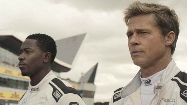 Damson Idris, left, and Brad Pitt star in “F1 The Movie.”
