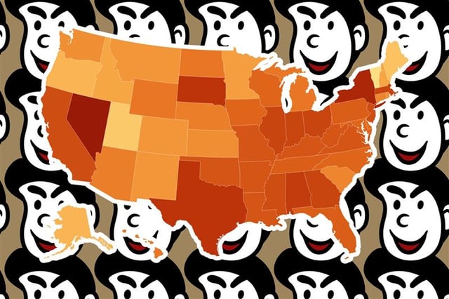 A picture of the map of the U.S. that reveals where people have the most dark personality traits.