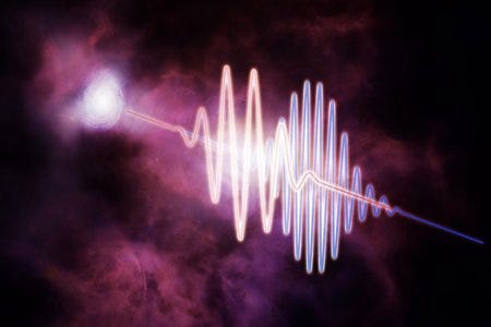 This artist's conception depicts a bright pulse of radio waves, or fast radio bursts, on its journey through the fog between galaxies, known as the intergalactic medium. Long wavelengths, shown in red, are slowed down compared to shorter, bluer wavelengths, allowing astronomers to "weigh" the otherwise invisible ordinary matter.