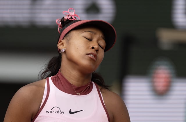 May 26, 2025; Paris, FR; Naomi Osaka of Japan reacts to a point during her match against Paula Badosa of Spain on day two at Roland Garros Stadium. Mandatory Credit: Susan Mullane-Imagn Images/File Photo
