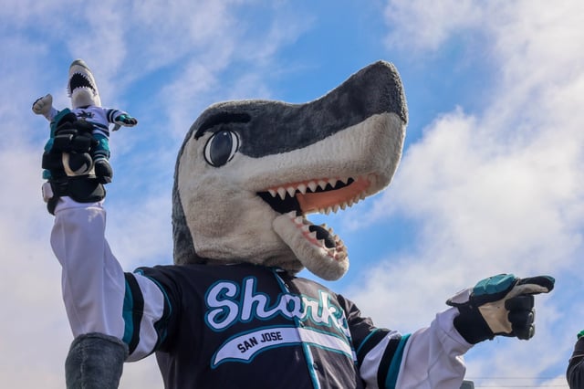 San Jose Sharks mascot Sharkie interacts with fans during the annual Fans Fest organized by the Oakland 68s and Last Dive Bar at Raimondi Park in Oakland, Calif., on Saturday, March 1, 2025. (Ray Chavez/Bay Area News Group)