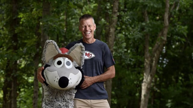Dan Meers, shown in 2020, has been the Kansas City Chiefs mascot KC Wolf for 35 years.