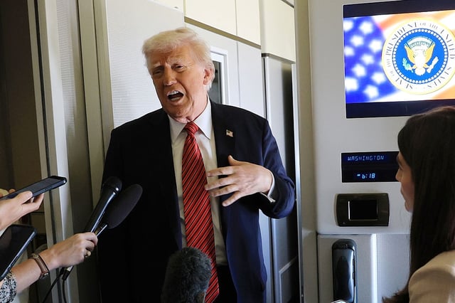 U.S. President Donald J. Trump speaks to travelling media aboard Air Force One on a range of issues, including Syria, as he flies to Doha, Qatar on May 14, 2025.  
