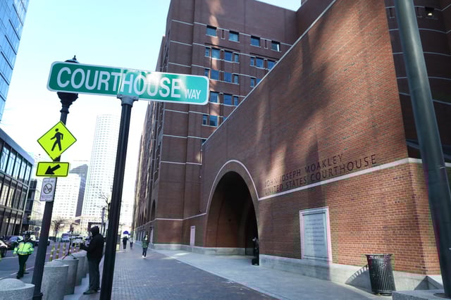 The John Joseph Moakley US Courthouse where the detention hearing for Jack Teixeira is to be held, on April 19, 2023, in Boston, Massachusetts. - Teixeira, 21, an employee of the US Air Force National Guard, was charged with leaking a trove of classified US government documents as he made his first appearance in court April 14. Teixeira was arrested April 13 following a week-long probe into one of the most damaging leaks of secrets since the 2013 dump of National Security Agency documents by Edward Snowden. (Photo by Lauren Owens Lambert / AFP) (Photo by LAUREN OWENS LAMBERT/AFP via Getty Images)