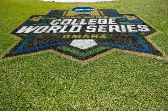 Field logo during an NCAA Men’s College World Series baseball game on Saturday, June 14, 2025, in Omaha, Neb. (AP Photo/Cory Eads)