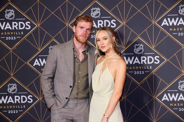 Connor McDavid of the Edmonton Oilers and fiancé Lauren Kyle are seen on the Red Carpet before the 2023 NHL Awards at Bridgestone Arena on June 26, 2023 in Nashville, Tennessee. (Photo by Bruce Bennett/Getty Images)