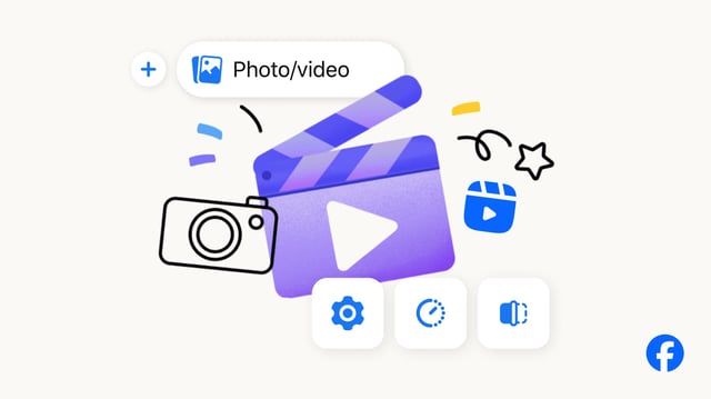 Illustration of a clapperboard, camera, Facebook logo, confetti doodles and more