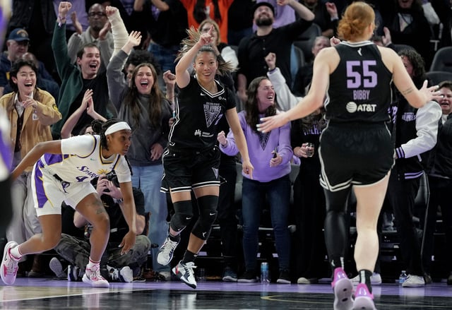 Kaitlyn Chen of the Golden State Valkyries reacts after scoring against the Los Angeles Sparks in the second half of a WNBA basket ball game at Chase Center on May 6, 2025, in San Francisco.