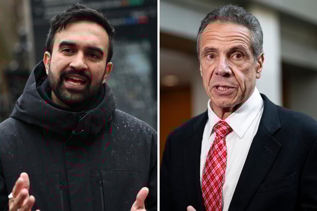 New York mayoral candidate Stat Rep. Zohran Mamdani speaks during a press conference in New York City on March 24, 2025. Former Governor Andrew Cuomo speaks to reporters in Washington, D.C. on June 11, 2024.