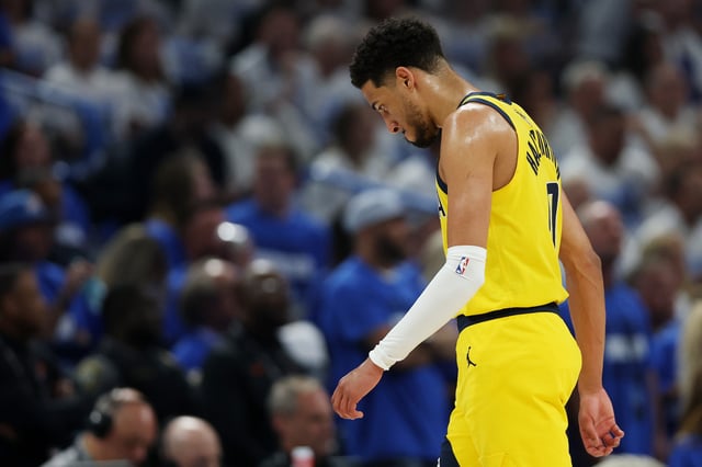 Tyrese Haliburton #0 of the Indiana Pacers reacts during the first quarter ao in Game Five of the 2025 NBA Finals at Paycom Center on June 16, 2025 in Oklahoma City, Oklahoma.