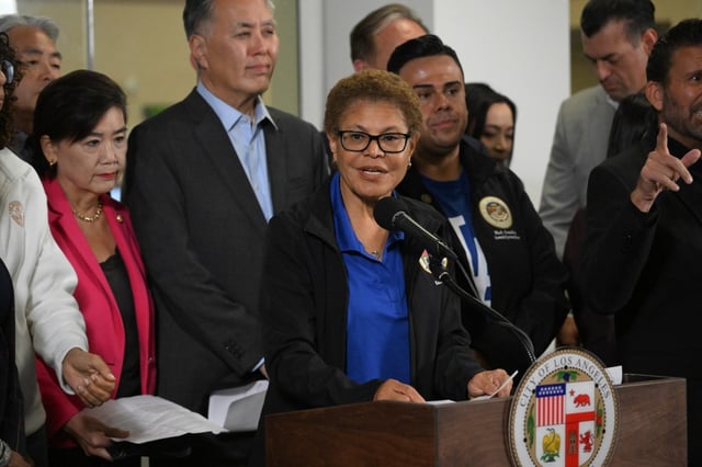 Mayor Karen Bass speaks surrounded by elected officials during a press conference with members of the Los Angeles Congressional delegation and state lawmakers to demand an end to recent ICE raids and the military occupation at the Emergency Operations Center in Los Angeles on Friday, June 13, 2025. (Photo by Keith Birmingham, Orange County Register/ SCNG)