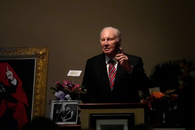 Televangelist Jimmy Swaggart speaks at the funeral service for his cousin, rock and roll pioneer Jerry Lee Lewis, in Ferriday, La., Saturday, Nov. 5, 2022. (AP Photo/Gerald Herbert)