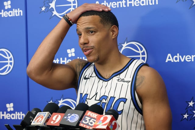 Orlando Magic guard Desmond Bane is introduced during a press conference at the AdventHealth Training Center in Orlando on Tuesday, June 17, 2025. Bane was acquired by the Magic in a trade with Memphis. (Stephen M. Dowell/Orlando Sentinel)