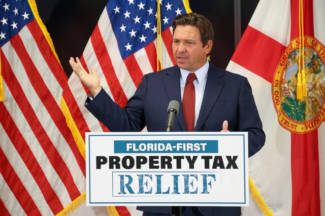 Gov. Ron DeSantis speaks about his proposal for Florida to become the first state to abolish property taxes during a news conference at the Florida REALTORS headquarters in Orlando on Monday, March 31, 2025. (Rich Pope, Orlando Sentinel)