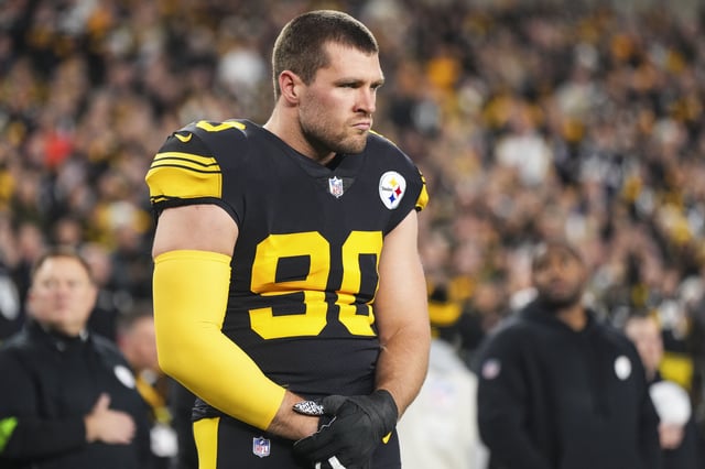 T.J. Watt #90 of the Pittsburgh Steelers looks on from the sideline prior to an NFL football game against the New England Patriots at Acrisure Stadium on December 7, 2023 in Pittsburgh, Pennsylvania.
