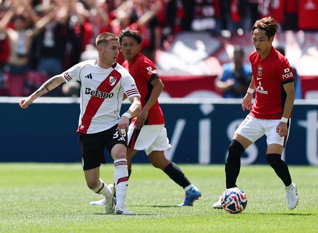 Soccer Football - FIFA Club World Cup - Group E - River Plate v Urawa Red Diamonds - Lumen Field, Seattle, Washington, U.S. - June 17, 2025 River Plate's Franco Mastantuono in action with Urawa Red Diamonds' Danilo Boza REUTERS/Agustin Marcarian