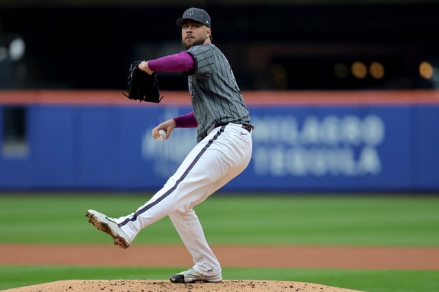 Jun 14, 2025; New York City, New York, USA; New York Mets starting pitcher Tylor Megill (38) pitches against the Tampa Bay Rays during the third inning at Citi Field. Mandatory Credit: Brad Penner-Imagn Images/File Photo