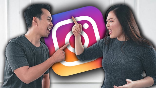A man and woman argue against a backdrop of the Instagram logo.
