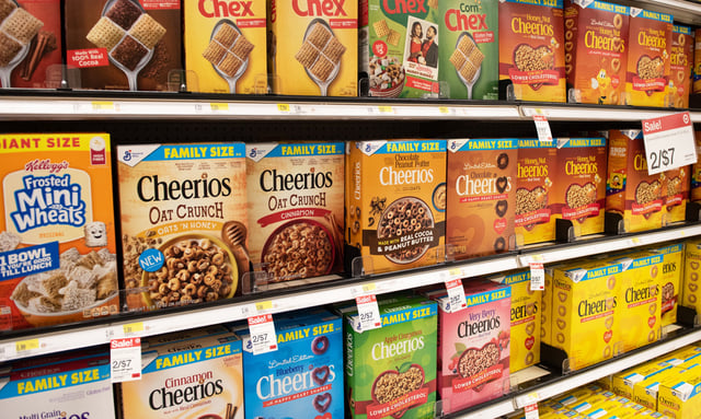 Boxes of General Mills Inc. brand Cheerios cereal.