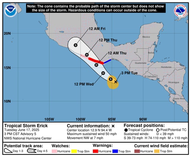 An updated forecast path from the NHC shows Tropical Storm Erick&#39;s anticipated arrival time in Mexico.