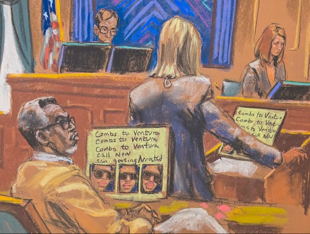 Assistant U.S. Attorney Emily Johnson displays text messages between Sean "Diddy" Combs and Casandra "Cassie" Ventura as she questions Special Agent DeLeassa Penland during Combs' sex trafficking trial in New York City on June 17, 2025 in this courtroom sketch.