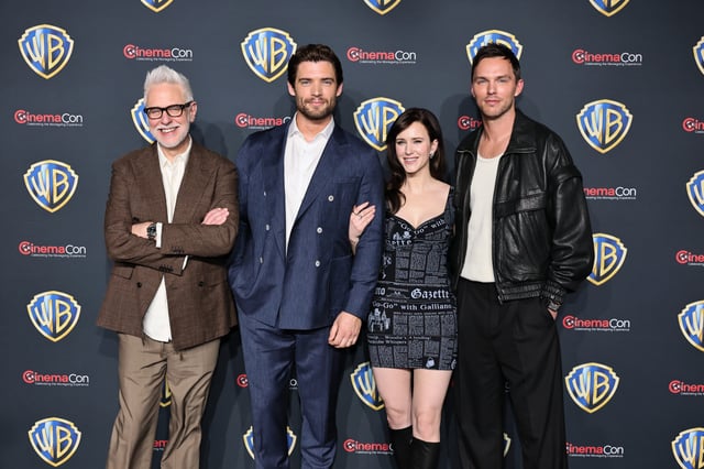 LAS VEGAS, NEVADA - APRIL 01: (L-R) James Gunn, David Corenswet, Rachel Brosnahan and Nicholas Hoult attend the Warner Bros. Pictures &#34;The Big Picture&#34; Presentation at 2025 CinemaCon at The Colosseum at Caesars Palace on April 01, 2025 in Las Vegas, Nevada.