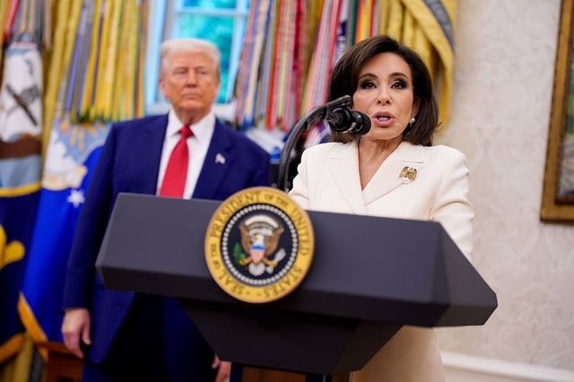 President Donald Trump looks on as interim US Attorney Jeanine Pirro speaks during her swearing-in ceremony in the Oval Office on May 28, 2025.