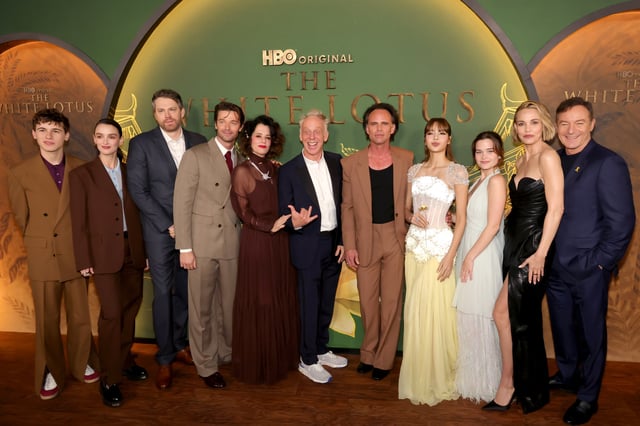 LOS ANGELES, CALIFORNIA - FEBRUARY 10: (L-R) Sam Nivola, Charlotte Le Bon, David Bernad, Patrick Schwarzenegger, Parker Posey, Mike White, Walton Goggins, Lisa, Sarah Catherine Hook, Leslie Bibb and Jason Isaacs attend the Los Angeles Premiere of HBO Original Series &#34;The White Lotus&#34; Season 3 at Paramount Theatre on February 10, 2025 in Los Angeles, California.  (Photo by Kevin Winter/GA/The Hollywood Reporter via Getty Images)