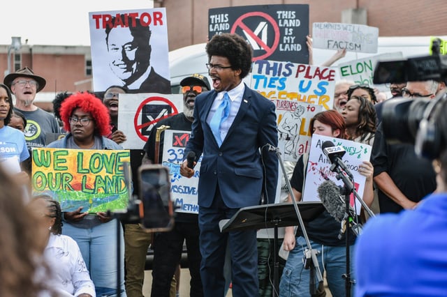 Rep. Justin J. Pearson, D-Tenn., seen here at an April rally in opposition to xAI's facility, joined the NAACP at a news conference Tuesday to announce its intent to sue.