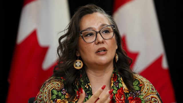 Mandy Gull-Masty, minister of Indigenous services, attends a press conference at the National Press Theatre in Ottawa on Thursday, June 12, 2025. THE CANADIAN PRESS/Sean Kilpatrick