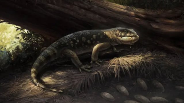 Artistic reconstruction of Bolg amondol, depicted raiding an oviraptorosaur dinosaur nest amidst the lush Kaiparowits Formation habitat.