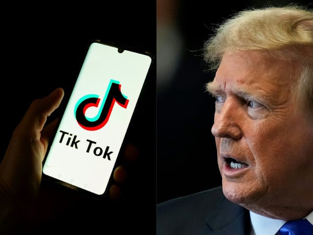 Logo du réseau social TikTok sur un smartphone, et le président américain Donald Trump
