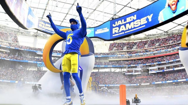 Los Angeles Rams cornerback Jalen Ramsey is introduced before a game against the San Francisco 49ers in the NFC Championship at SoFi Stadium in Inglewood, California, Sunday, Jan. 30, 2022. (Wally Skalij/Los Angeles Times/TNS)