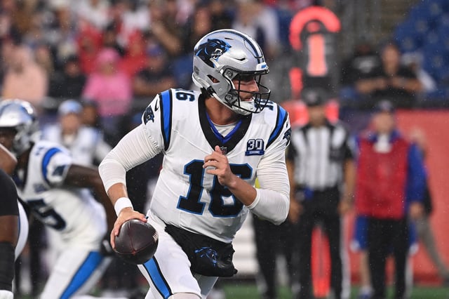 August 8, 2024; Foxborough, MA, USA;  Carolina Panthers Kicker Harrison Mevis (16) hands off the ball during the first half against the New England Patriots at Gillette Stadium. Mandatory Credit: Eric Canha-USA TODAY Sports/File Photo