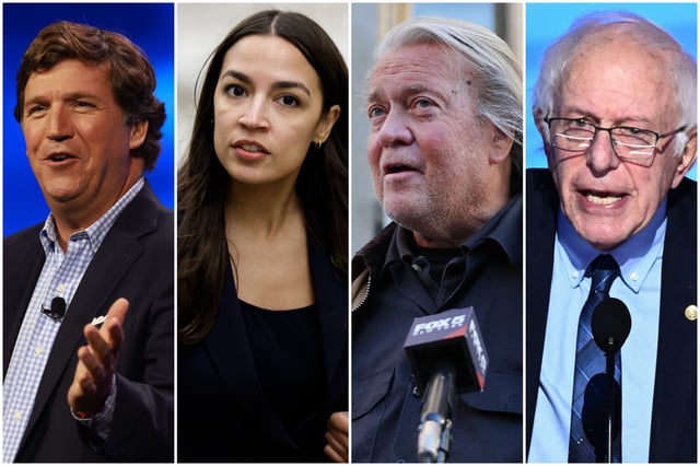 Tucker Carlson, Alexandria Ocasio-Cortez, Steve Bannon, and Bernie Sanders—political opposites now aligned in their opposition to U.S. military involvement in the Israel-Iran conflict.