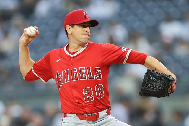 Angels starting pitcher Kyle Hendricks throws to the plate during the first inning of their game against the New York Yankees on Tuesday night in New York. Hendricks threw a variety of 86 mph fastballs, 80 mph changeups and 73 mph curveballs at the Yankees, and they seemed off balance all night. He struck out nine and he walked just one in six shutout innings. (Photo by Sarah Stier/Getty Images)