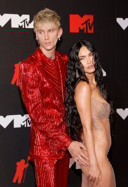 Machine Gun Kelly, left, and Megan Fox pose together while attending the 2021 MTV Video Music Awards at Barclays Center in Brooklyn, New York, on Sept. 12, 2021.
