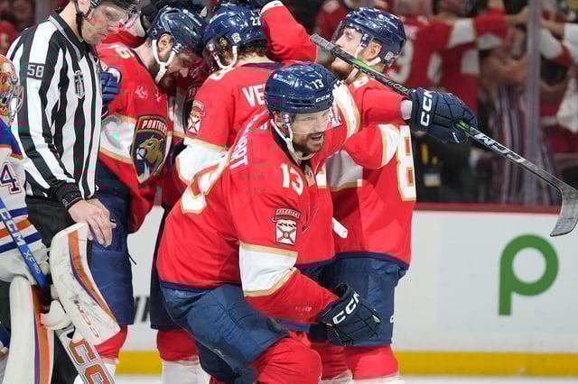 Florida Panthers center Sam Reinhart  celebrates a goal during the second period of Game 6 of the NHL hockey Stanley Cup Final against the Edmonton Oilers.